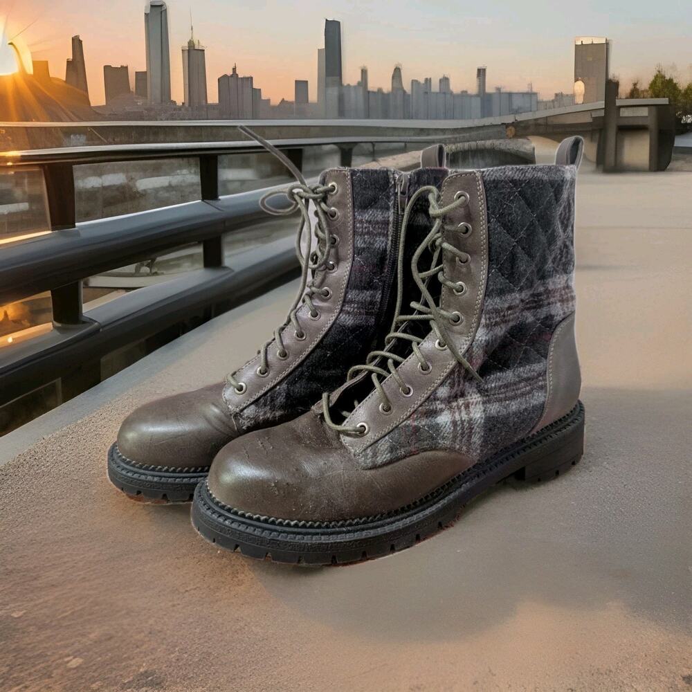 Rock & Candy Brown Plaid Zip Lace Up Round Toe Platform Combat Boots Women Sz 10
